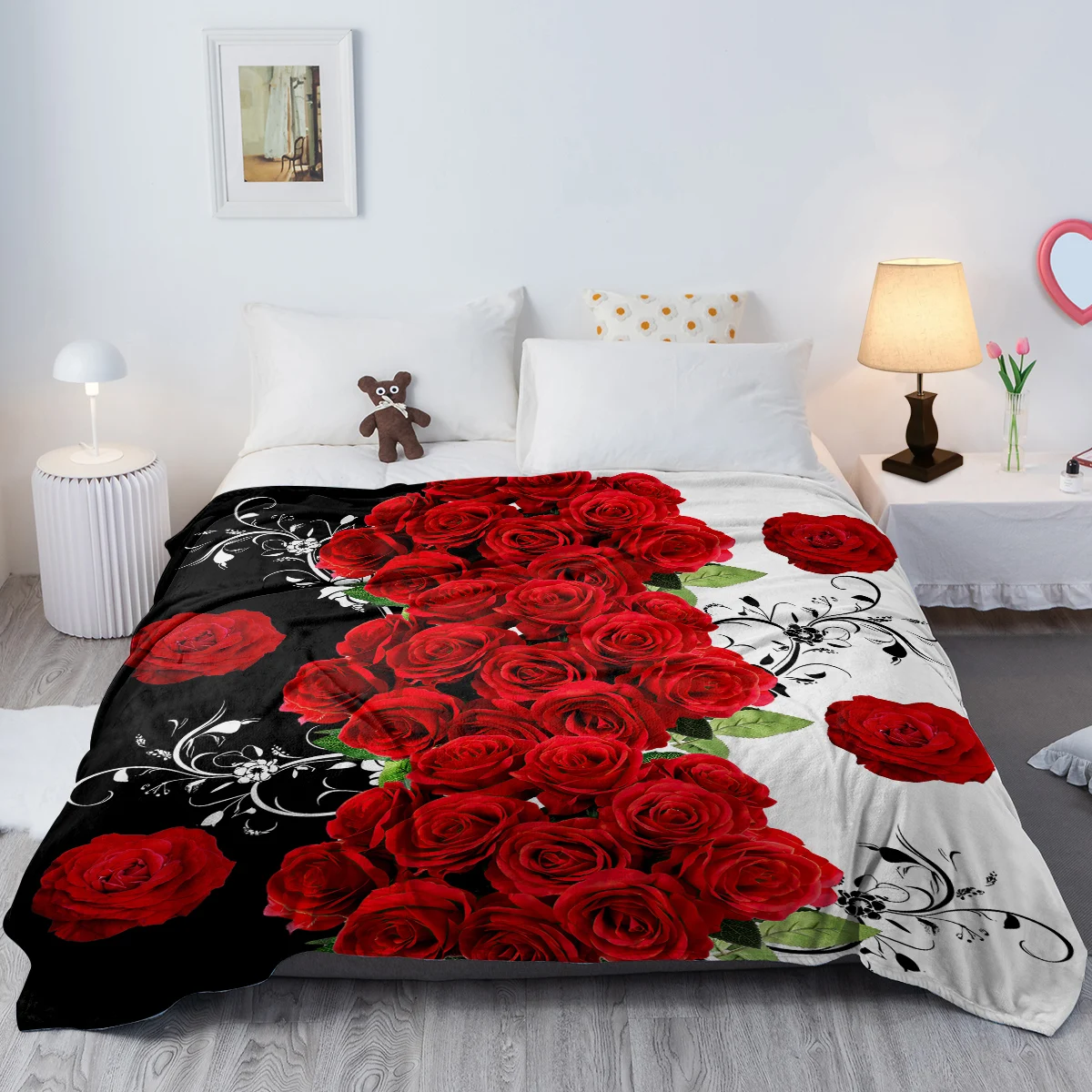 3D Red Roses Floral Blanket Black White Splice Pattern Warm Cozy Soft Throw Blanket for All Season for Couch Sofa Bed