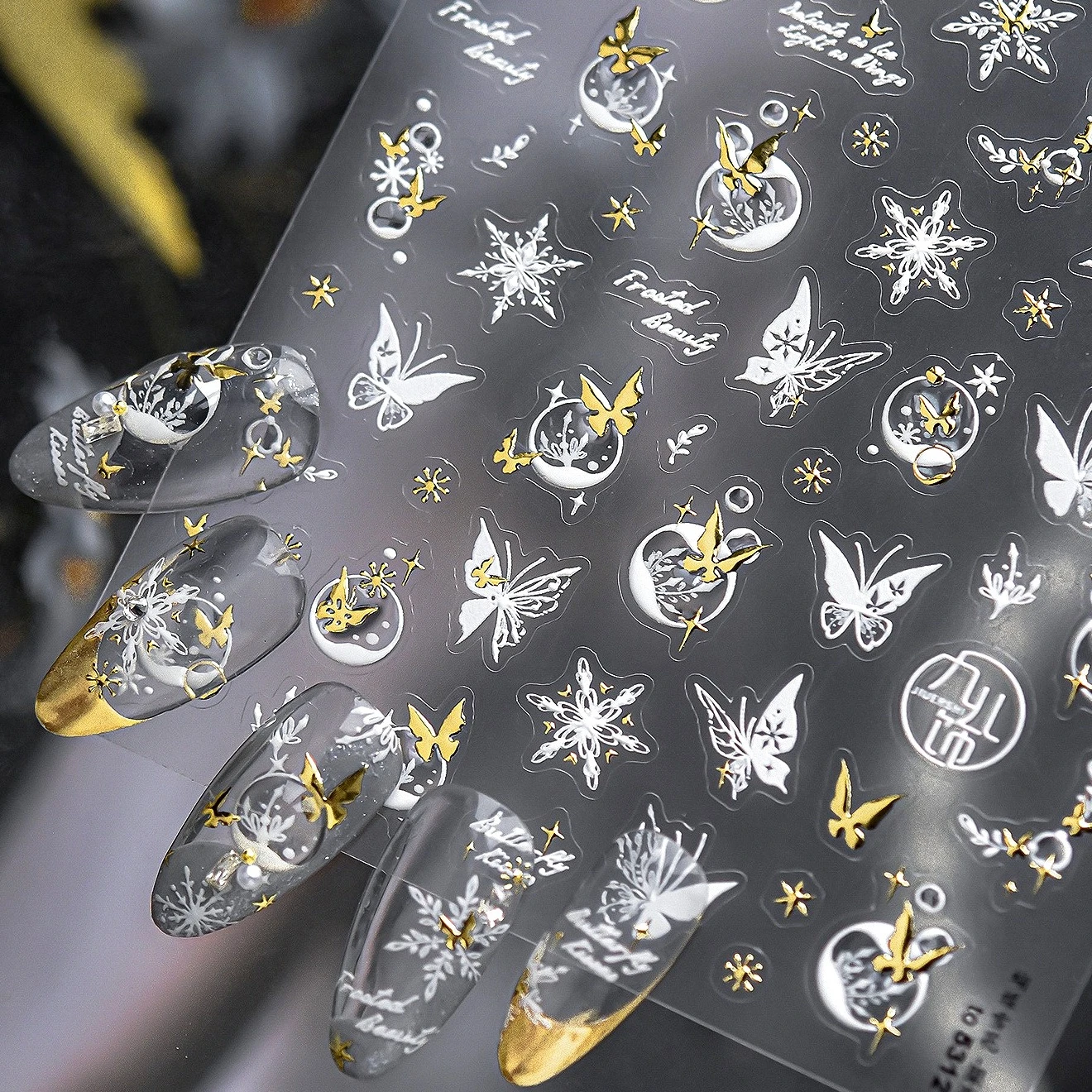 Mariposa blanca dorada, copos de nieve, perlas, rosas, lazo, estilo chino, ala de estrella de loto, pegatinas para decoración de uñas, calcomanías de herramientas de manicura