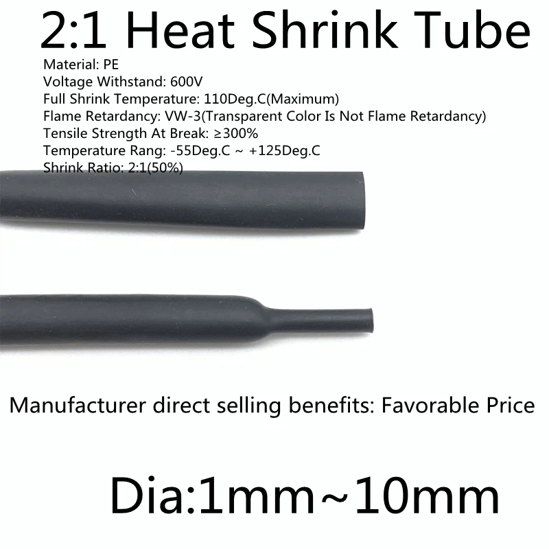 5Meter Dia1 ~ 10mm Heat Shrink Tube Insulated Polyolefin 2:1 Shrinkage Ratio Wire Wrap Connector Line Repair 600V Cable Sleeve