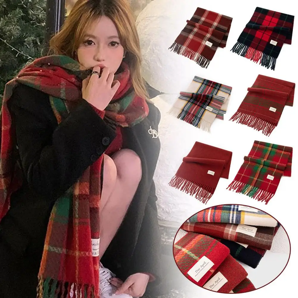 Christmas Plaid Scarf Women's Winter Imitation Cashmere Scarf Shawl 1PCS Thermal Knit Neckerchief with Design Warp Q5L3