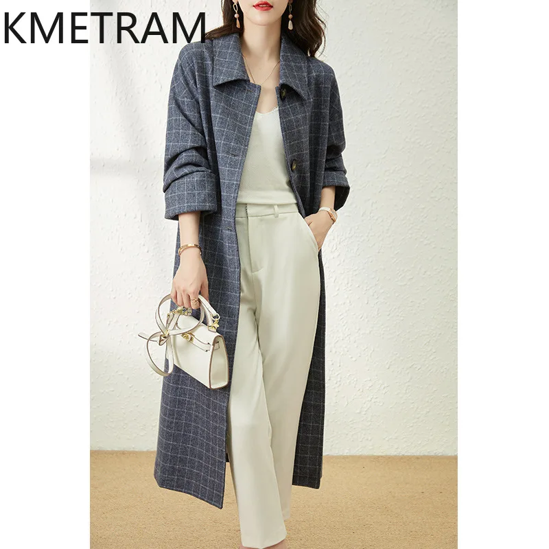 KMETRAM Natural Plaid Wool Coat High Quality New in Outerwears Elegant Jacket Woman Winter Clothing 2024 Women Laine Pour Femmes