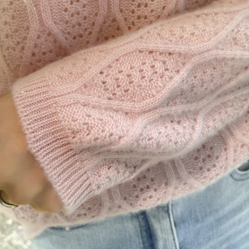 Cashmere Sweater Women Loose Casual Wool Pullover Hollow Out Weaving Female Clothing Knit Top Autumn Winter Female Clothing 2024