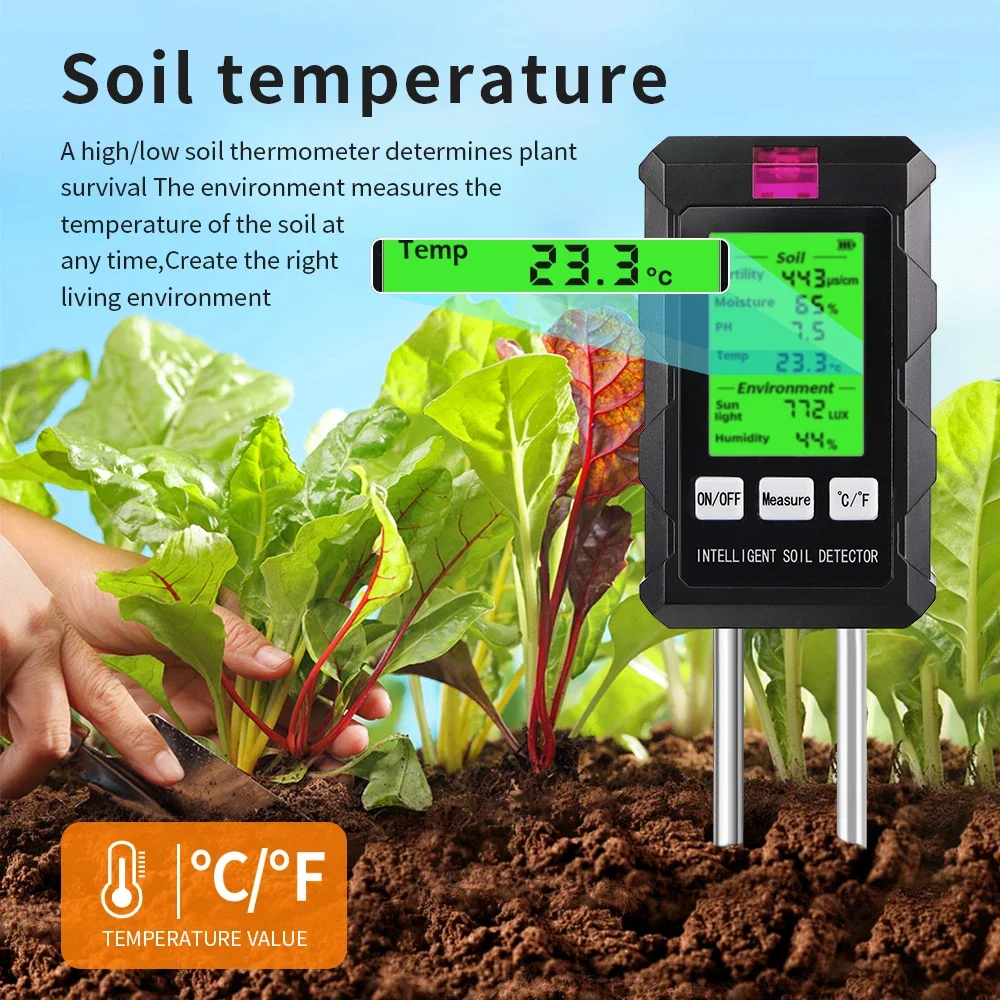 

6 in 1 Soil Detector Soil Tester pH Temperature Humidity Sunlight Air Moisture Nutrient Fertility Meter Gardening Tool