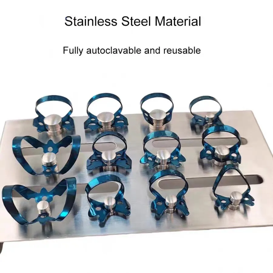 High-Quality Dental Rubber Dam Clamp Set — 12 Blue Clamps with Sterilization Stand