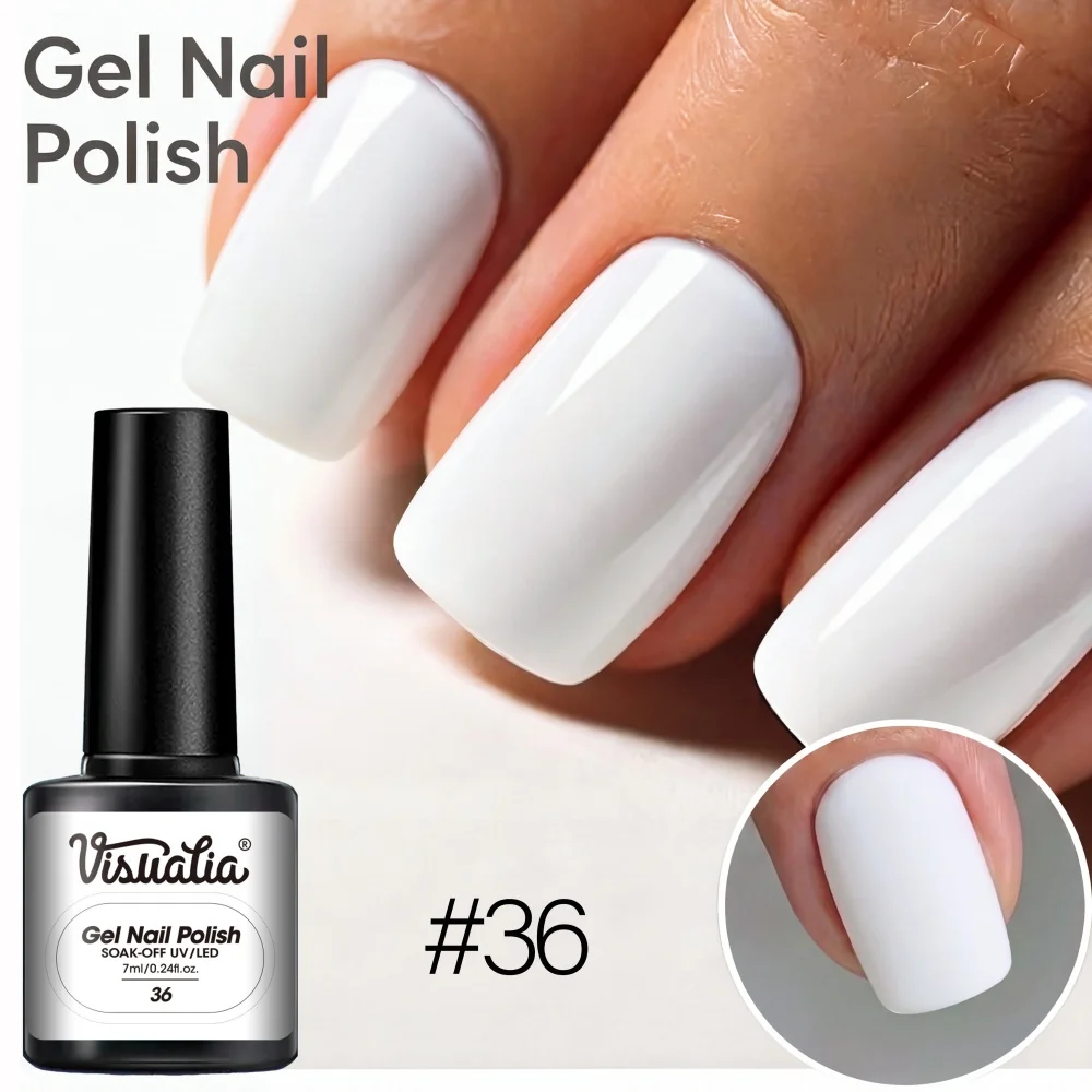 Visuatia # 36 Pure White Nail Gel 7ml, UV-LED removable phototherapy gel. Salon-grade solid white nail polish, easy to apply even for beginners, covers the natural nail surface. It is the first choice for simple solid colors and is also suitable for painting and color mixing, making it a top choice for nail art enthusiasts
