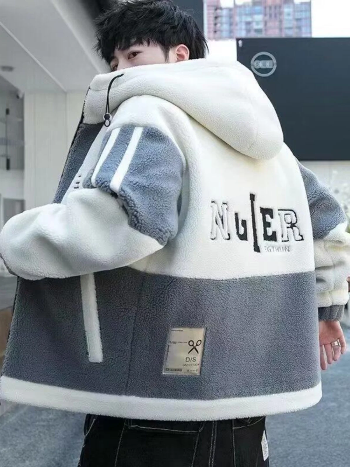 Men's Fleece Lined Thickened Jacket Autumn Winter New Style Korean Large Size Lamb Velvet Hooded Warmth Cold Resistant Clothing