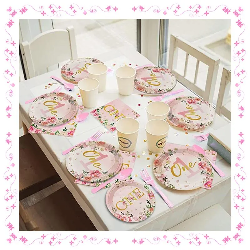 Pink Cute Girl\'s First Birthday Party Decoration, Tableware, Plates, Paper Cups, Napkins, Holiday Decorations, Cake Decorations