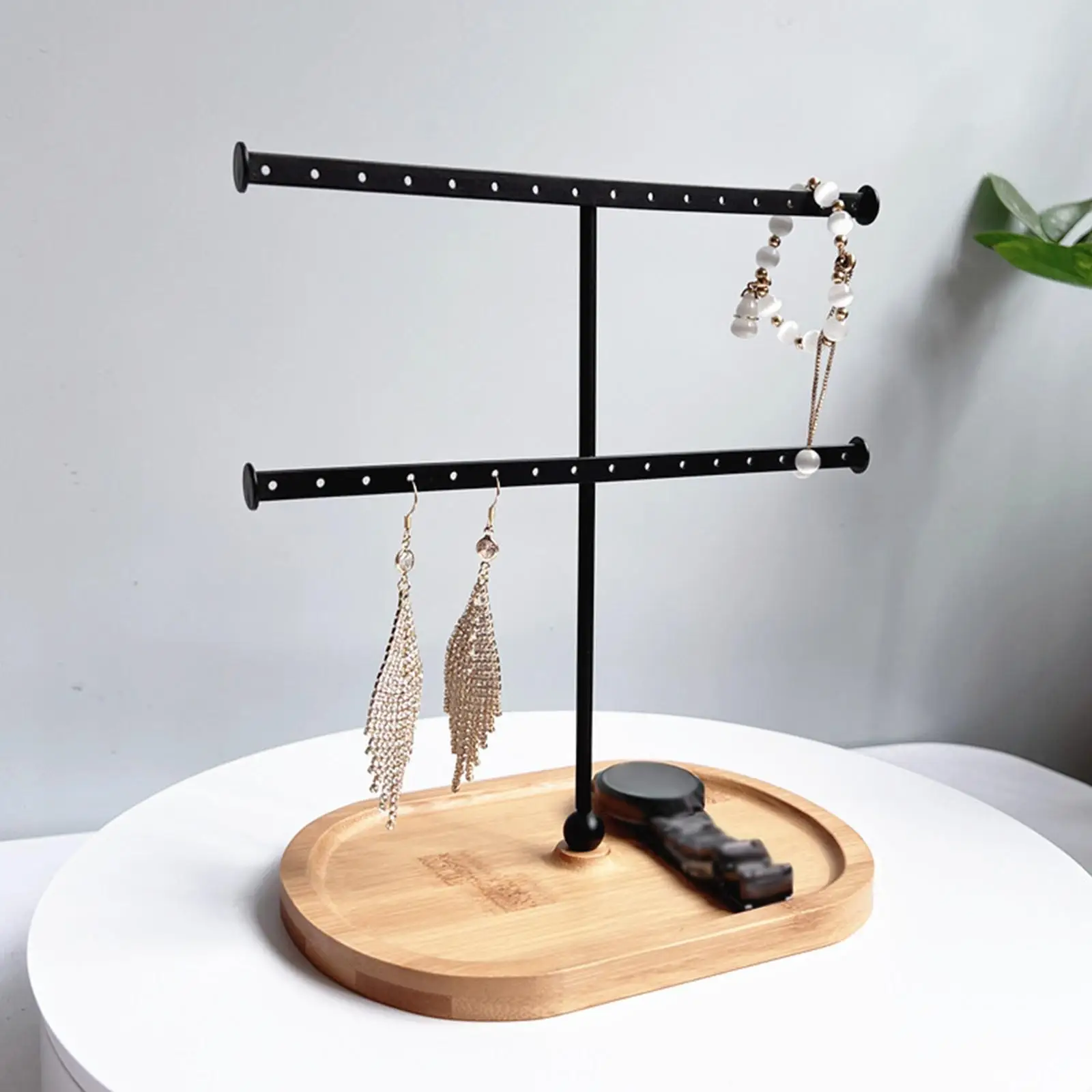 

Jewelry Organizer 2 Tier Wooden Base Earring Holder for Rings Watches Shops