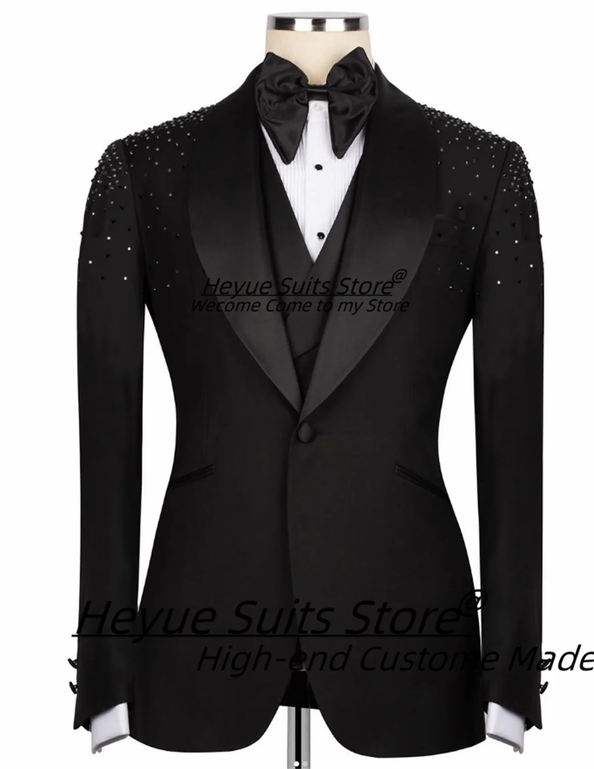 High-qublity Black Shiny Men Suits Customized Slim Fit Shawl Lapel Groom Wedding Tuxedos 3Pcs Sets Male Prom Blazers Ropa Hombre