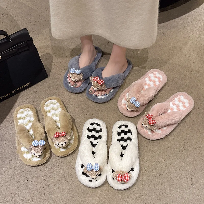

Детские тапочки, домашняя обувь, шлепанцы с мультяшным бантом, зимняя обувь для девочек, нескользящая обувь с мягкой подошвой, фиолетово-коричневая обувь, размер 36-43