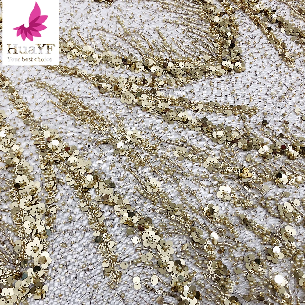 High Quality Luxury Pearl Sequin Embroidery Lace Nigerian Gold Women Tulle Lace Fabric 5 Yards HY2752-3