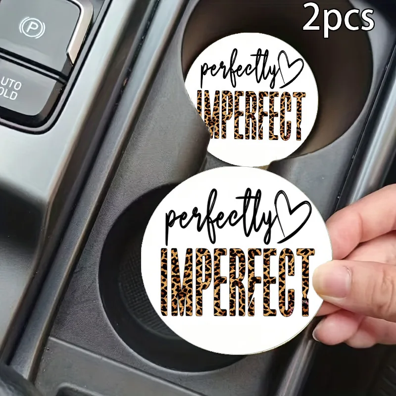 Auto Cup Holder Coaster 2Pcs, Leather Material With Perfectly Imperfect Leopard Slogan Design, Non-Slip Backing Waterproof Wear