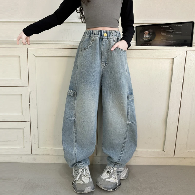 

New Autumn Teen Girls Jeans High Waisted Wide Leg Pants Children's Loose Korean Blue Denim Pants Casual Style Trousers Clothes