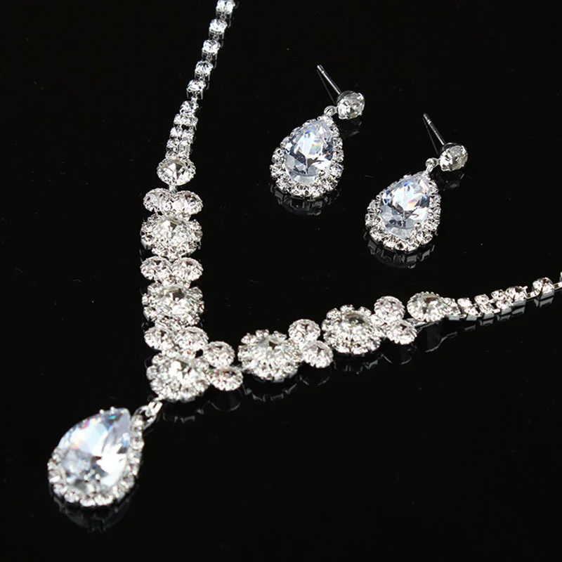 

New diamond and crystal bead necklace and earring set - drop-shaped women's fashionable bridal jewelry