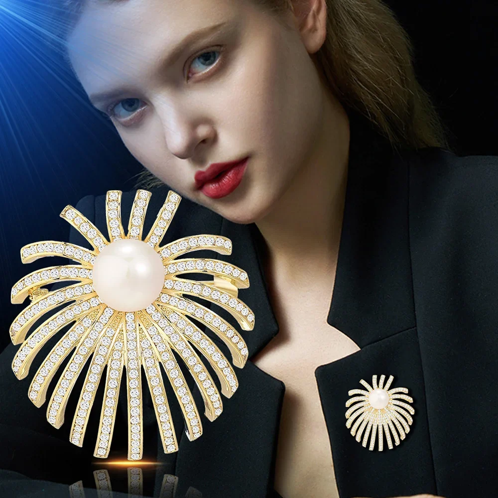 Luxurious Gold-plated Firework Pearl Brooch Full Zircon Inlaid Flower Corsage Women's Dress Decoration Accessories Jewelry