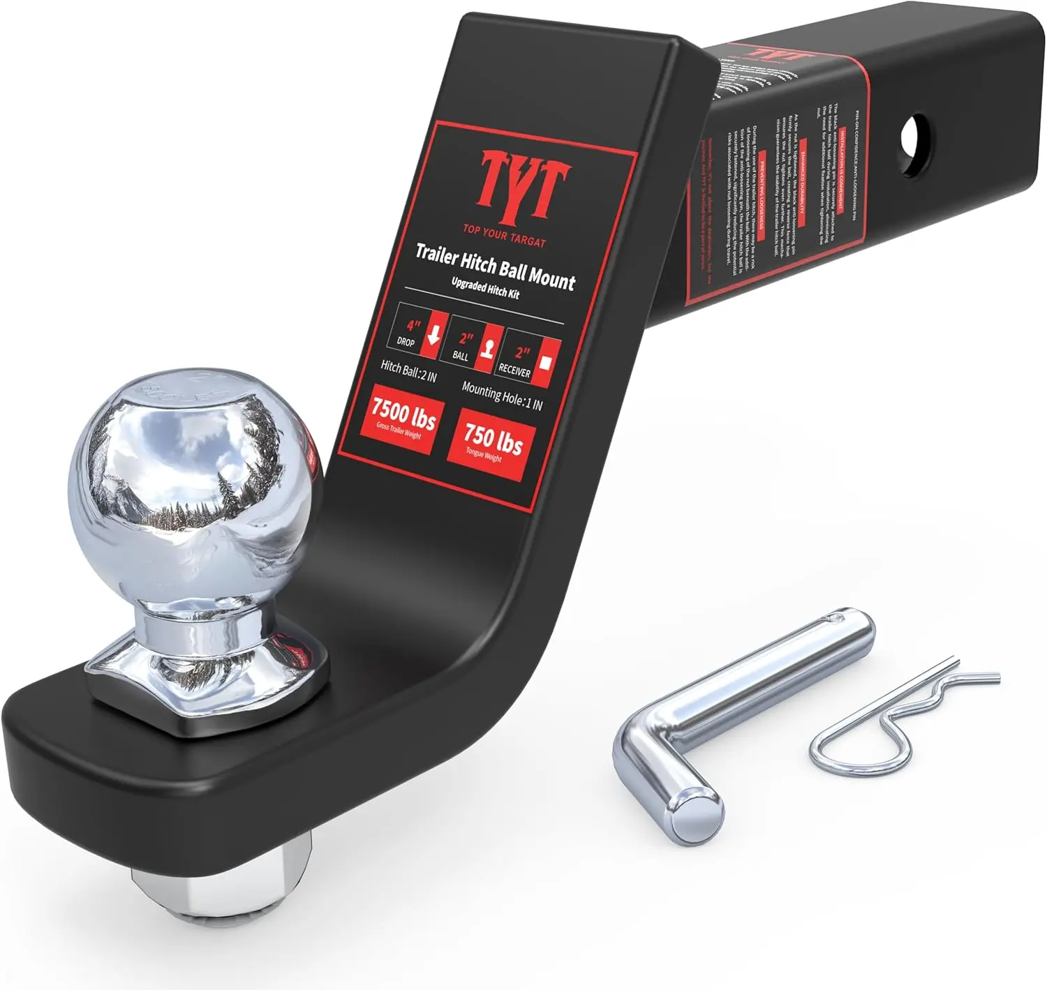 Heavy-Duty Trailer Hitch Ball Mount Kit, 4-Inch Drop for 2-Inch Receiver, 7500 lbs GTW Capacity