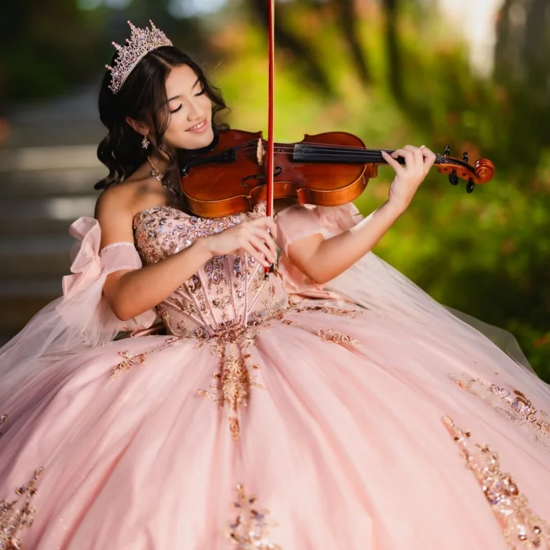 Pink Quinceanera Dress Crystal Glitter Beading Decal Long tail off-shoulder Lace Layering Vestidos De 15 Quinceanera ﻿Customize