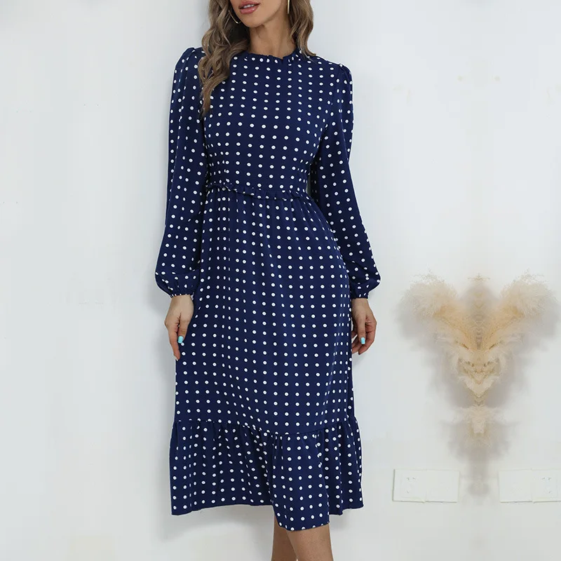   Herbst Commuter Sle Long Sve Polka Dot Dr Vintage A-Linie Rock Polyester Stoff Druck Reiten Reißverschluss