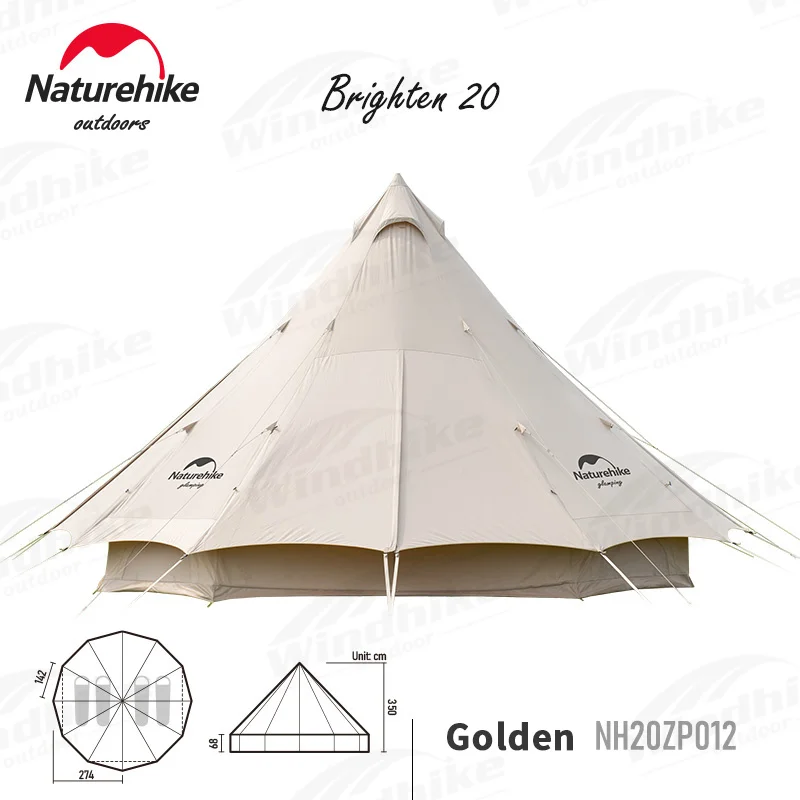 Naturehike Brighten20 Tent Cotton Cloth 20㎡ Large Pyramid Tent 3-4 Person Outdoor Windproof Thickened Camping Tent Family Picnic