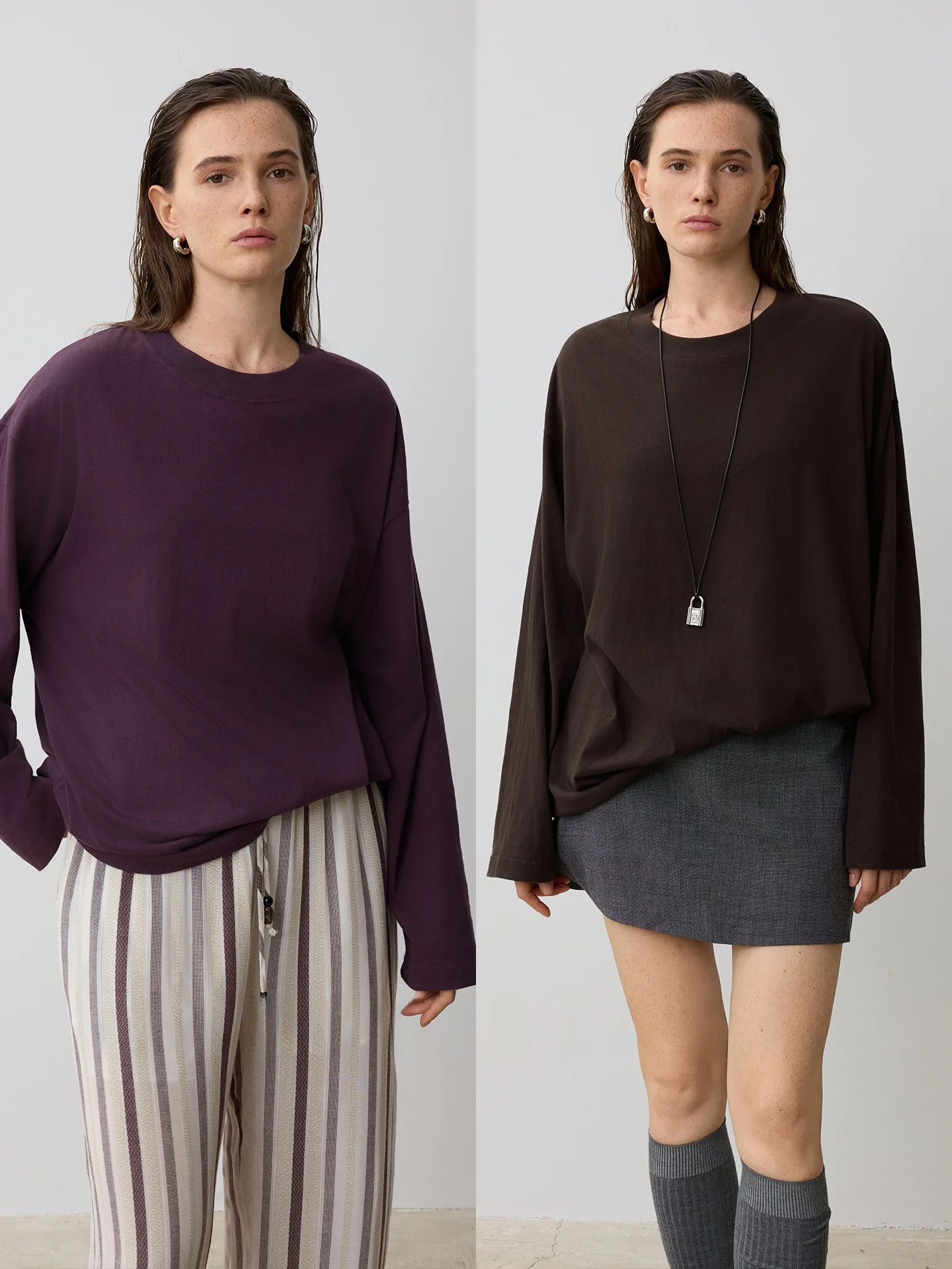 

Loose Fit Long Sve T-irt Cloud Sensation Autumn Sle Women's Casual Wear Cotton Blend Fabric Meat Concealing Slimming Top