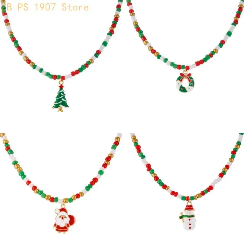 Holiday Beaded Necklace Christmas Tree Candy Cane Pendant Fashion Jewelry Gift 55KA