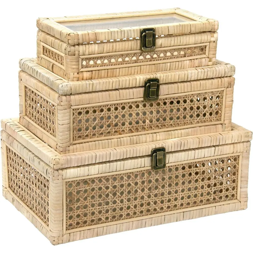 

Natural Boho Rattan Storage Boxes with Glass Tops, 3-Piece Set for Home Decor and Organization