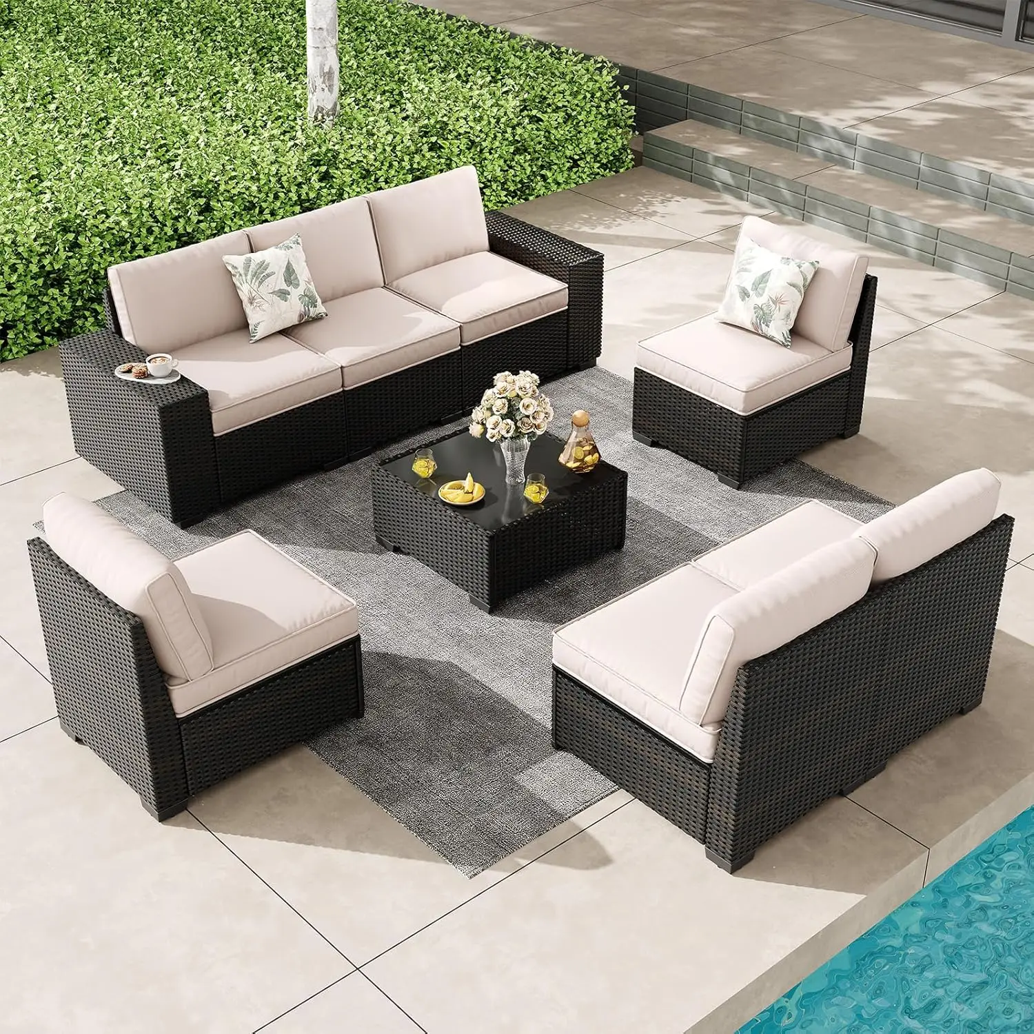 

Patio Furniture Set, 8 Pieces Outdoor Couch Sofa With Wider Armrests & Glass Coffee Table, Outdoor Sectional, Customized