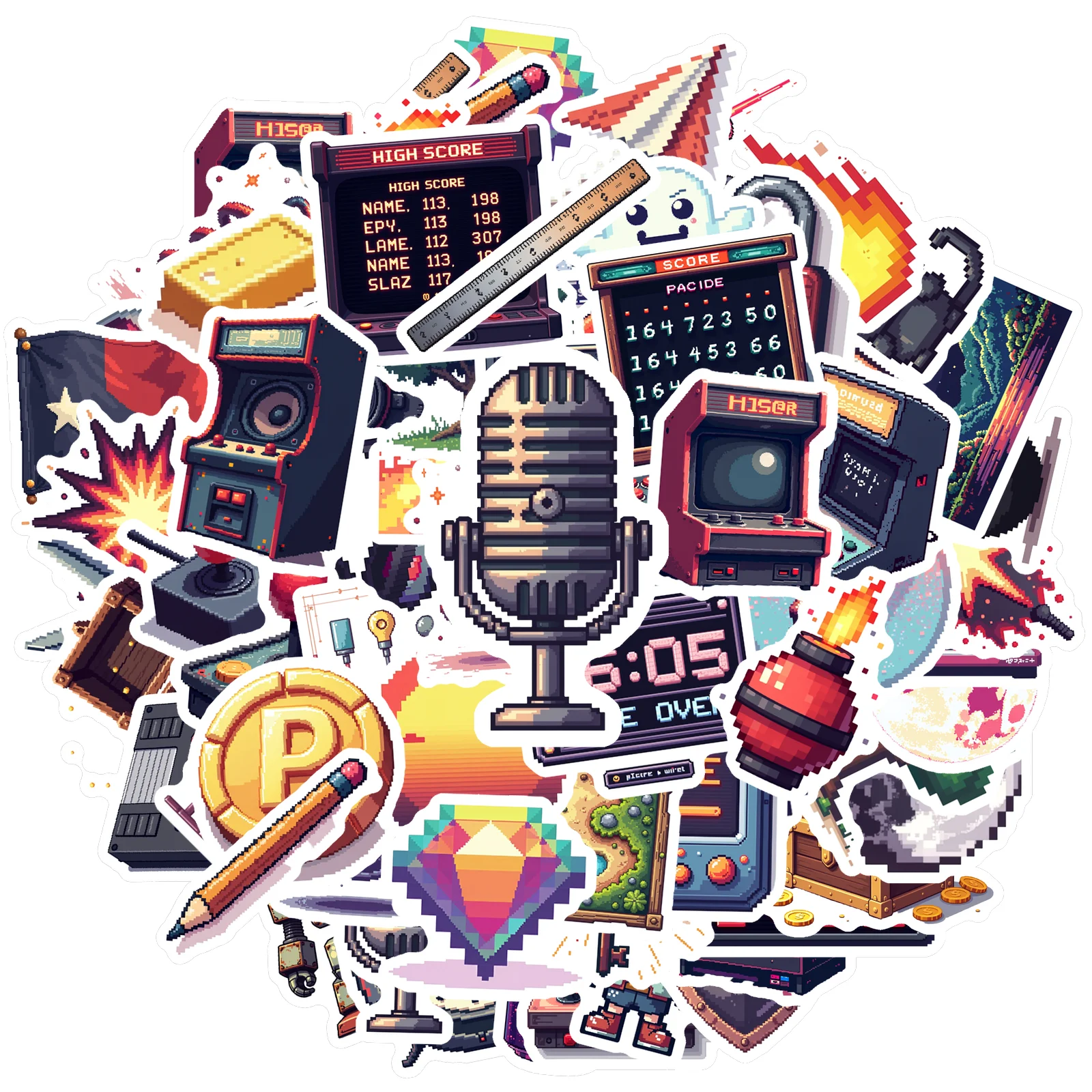 35-70pcs Retro Arcade Pixel Art Stickers Vintage Gaming Console Stickers For Notebooks Water Bottle Scrapbooks Graffiti Decals