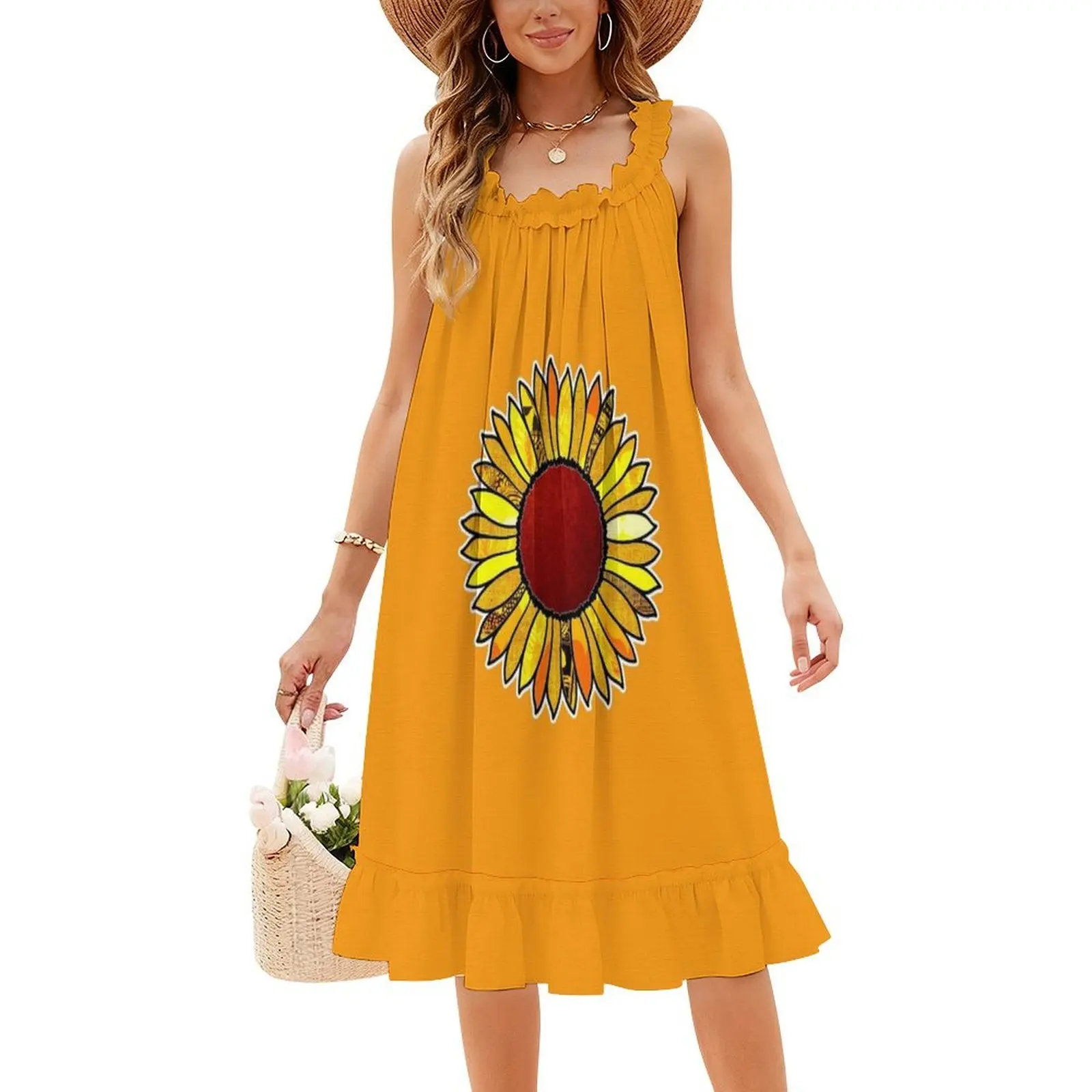 الرجعية عباد الشمس بوهو شيك اللباس الأنيق أزياء الشاطئ حفل زفاف ثوب عباد الشمس عشاق زهرة الطفل زهرة المرأة اللباس #4