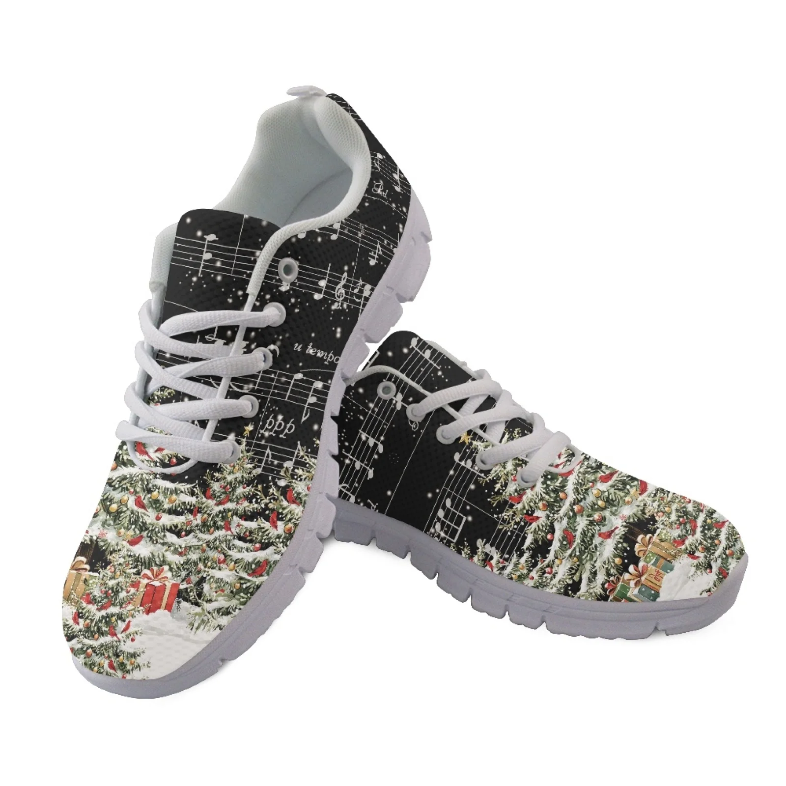 Coloranimal Christmas Tree Music Notes Mesh EVA Sole Womens Walking Sneakers Lace up Shoes for 2026 Trending Daily Wear