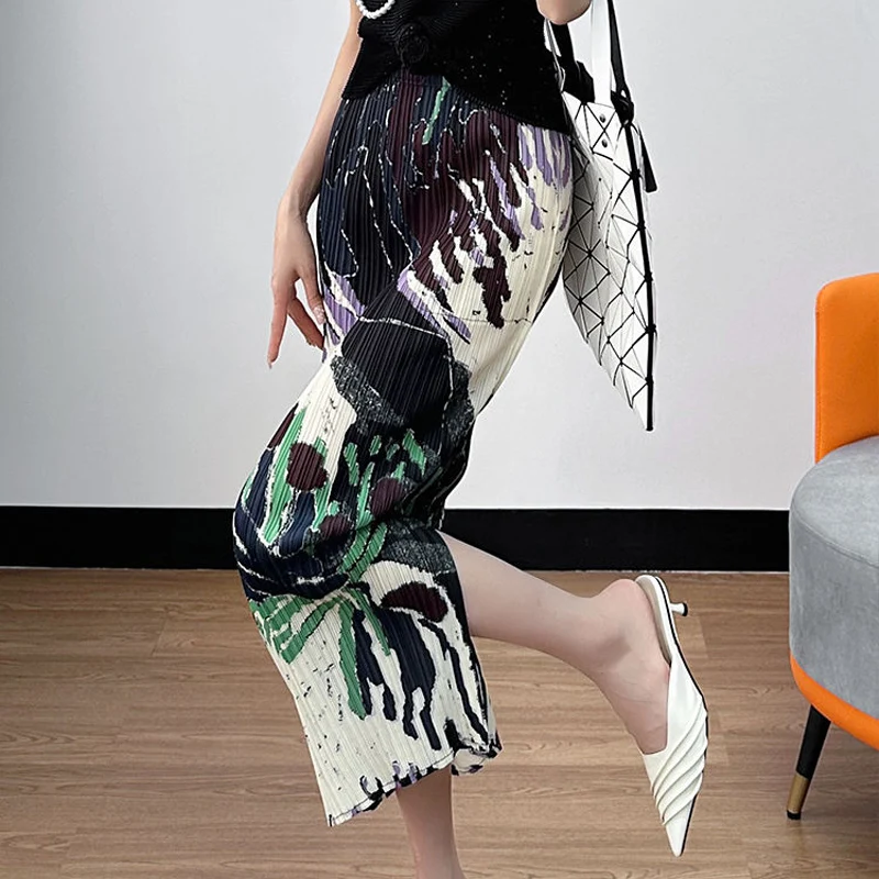 Summer New Multicolor Elastic Waist Printing A-line Skirt Women High Street Casual Pleated High Waist All-match Hip Wrap Skirt