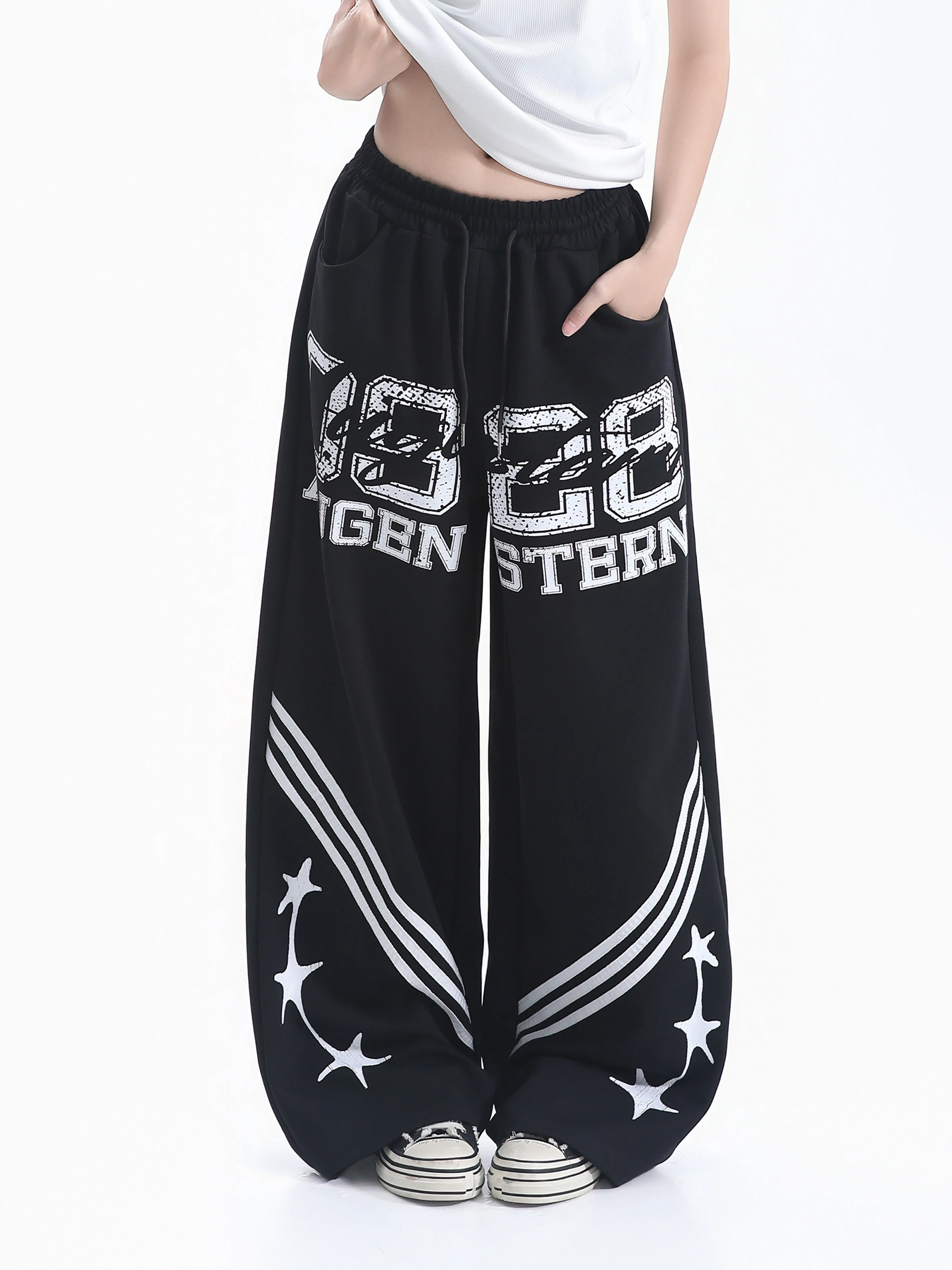 American College Style Star Print Sweatpants High Street Loose Wide Leg Sports Pants Couples Drawstring Casual Trousers