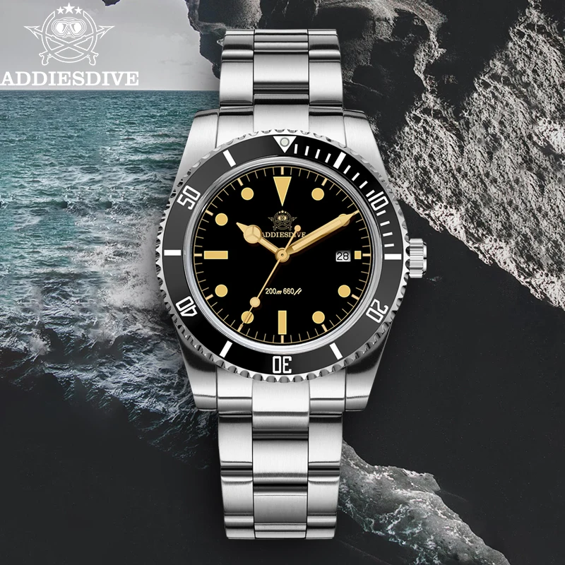 ADDIESDIVE Men's Dive Quartz Watch 200m Waterproof C3 Luminous Wristwatch Domed Bubble Glass Ceramic Bezel Diving Steel Watches