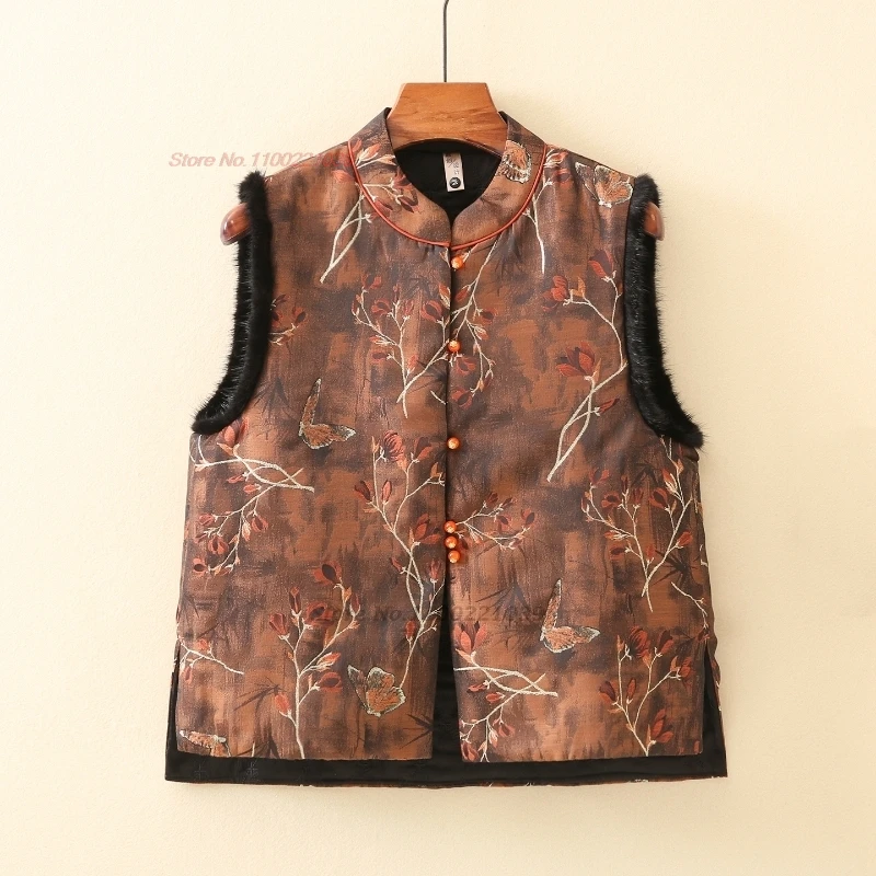 

2025 chinese vintage vest national flower print cotton-padded vest traditional ethnic vest sleeveless jacket stand collar vest