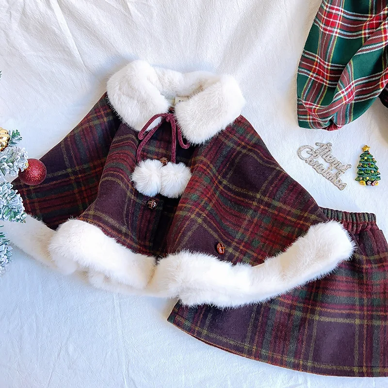 2024 Girls Christmas Red Plaid Two Piece Set Girl Cloak Short Coat Winter Half Skirt Children Warm New Year Holiday Party Set