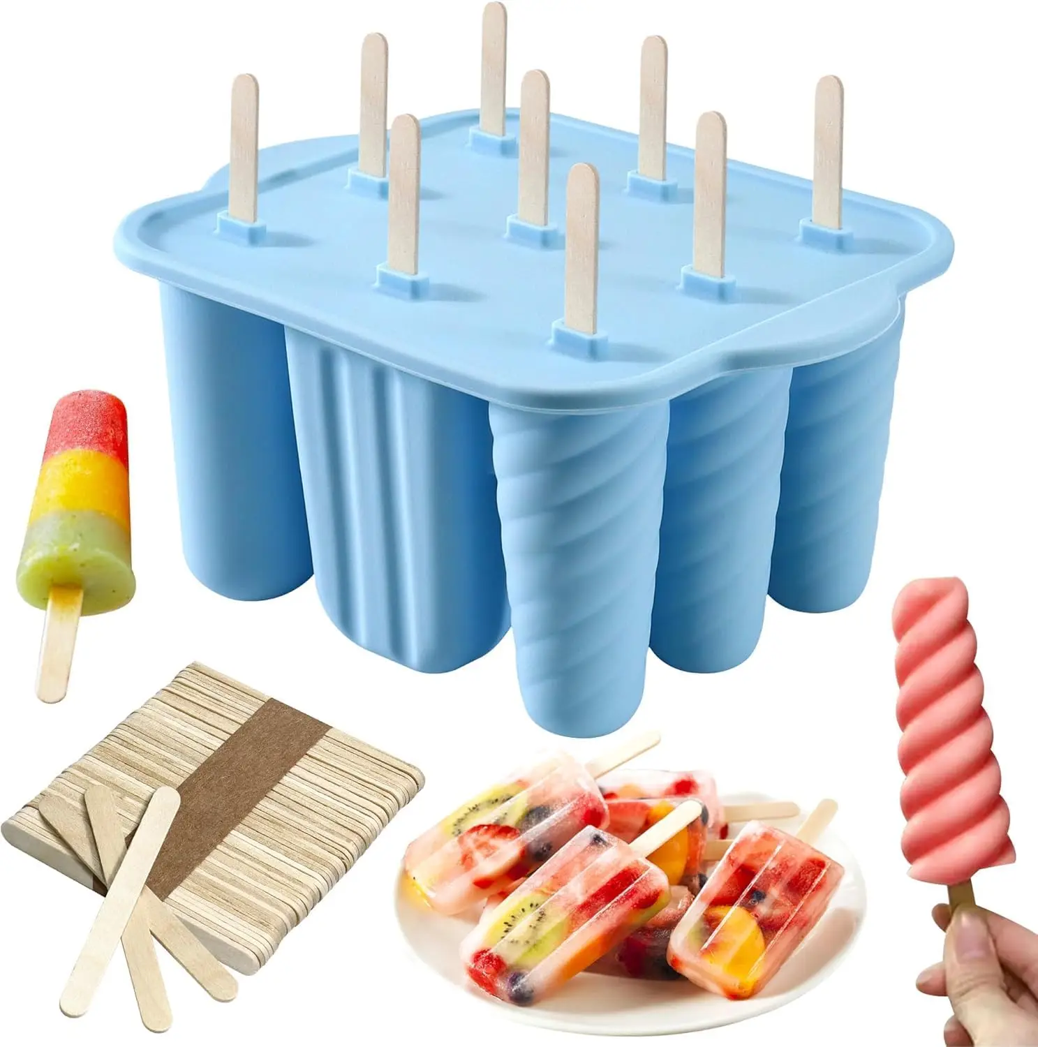 

9 Cavity Silicone Popsicle Mold with 50 Wooden Sticks, BPA Free, Easy Release, DIY Ice Pop Maker for Kids & Adults, Blue