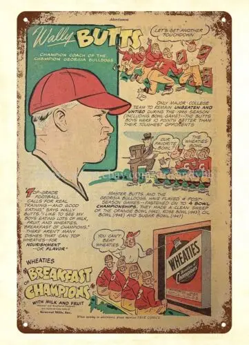 room accessories ideas 1947 Wheaties WALLY BUTTS GEORGIA BULLDOGS metal tin sign