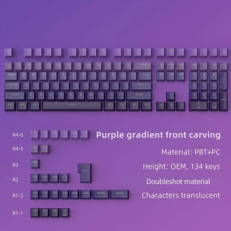 Profilo OEM PBT Doubleshot PBT con gradiente viola attraverso la luce per tutte le tasti della tastiera meccanica di tipo MX 134 tasti