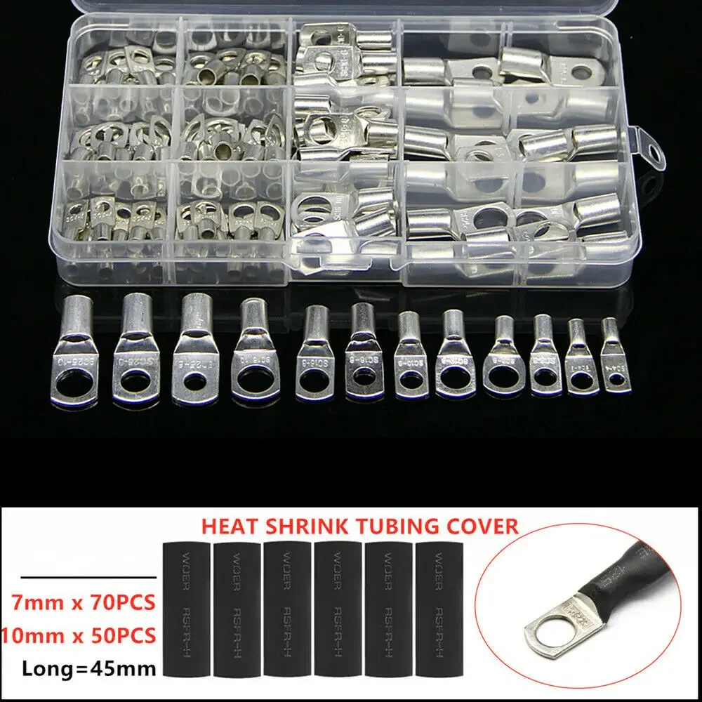 

220PCS Tinned Copper Tube Lug Ring Seal Battery Wire Connectors Bare Cable Crimped/Welding Terminal Lugs Kit