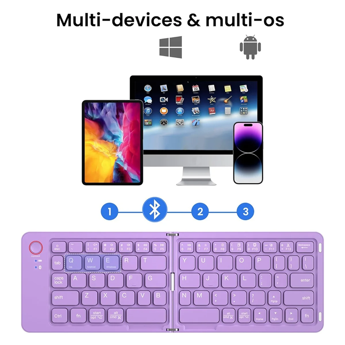 AT-Mini Foldable Bluetooth Wireless Keyboard (Sync Up to 3 Devices), Portable Folding Keyboard for Android