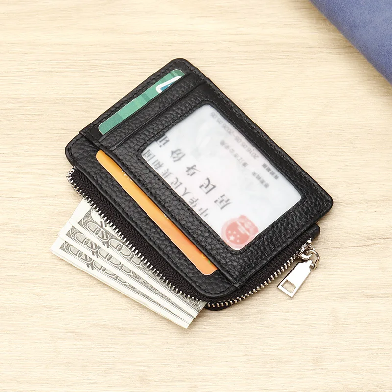 

Кошелек-картхолдер из натуральной кожи, ультратонкий, с RFID-защитой, на молнии, с прозрачным окошком для ID, маленький карманный органайзер
