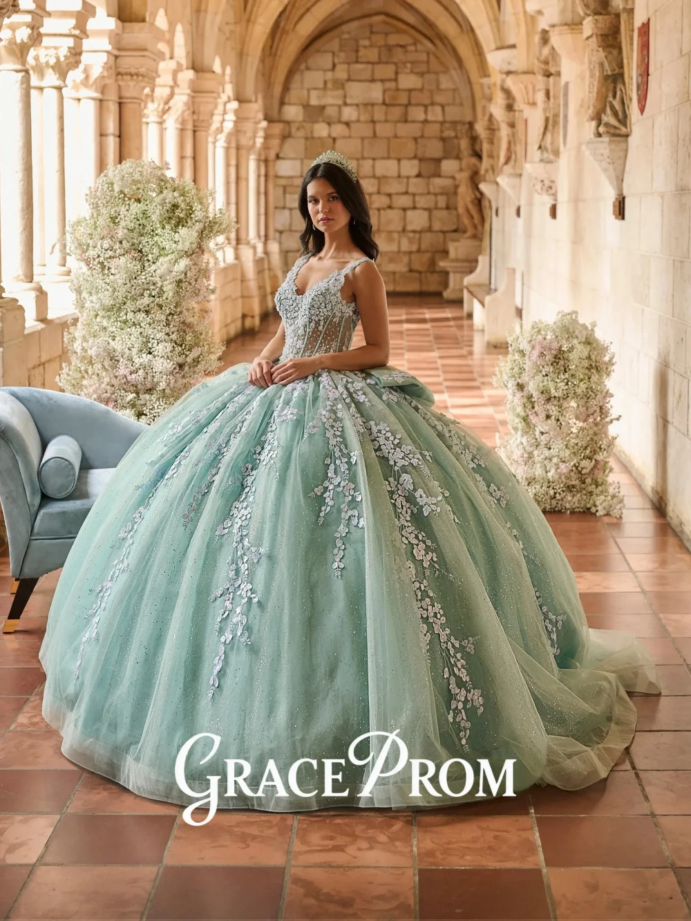 GraceProm Ethereal Quinceanera Dress 2026 Spaghetti Strap Floral Appliques Rhinestones Vestidos De 15 Anos Customized