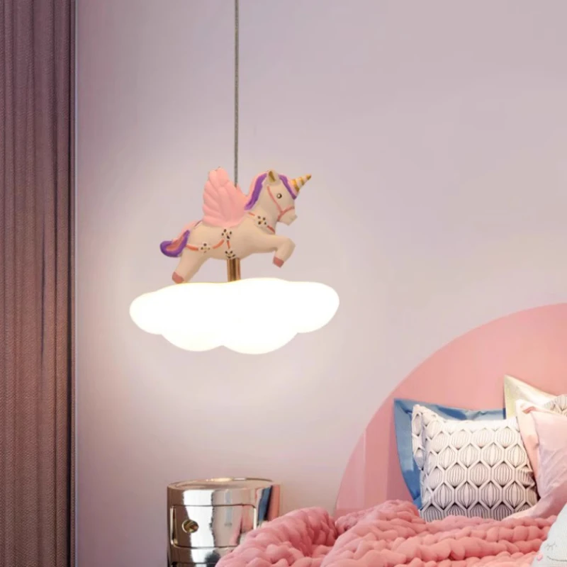 

Cute Children's Room Colored Pegasus Chandeliers Cloud Lamps LED Warm Romantic Princess Room Girl Bedroom Bedside Chandelier