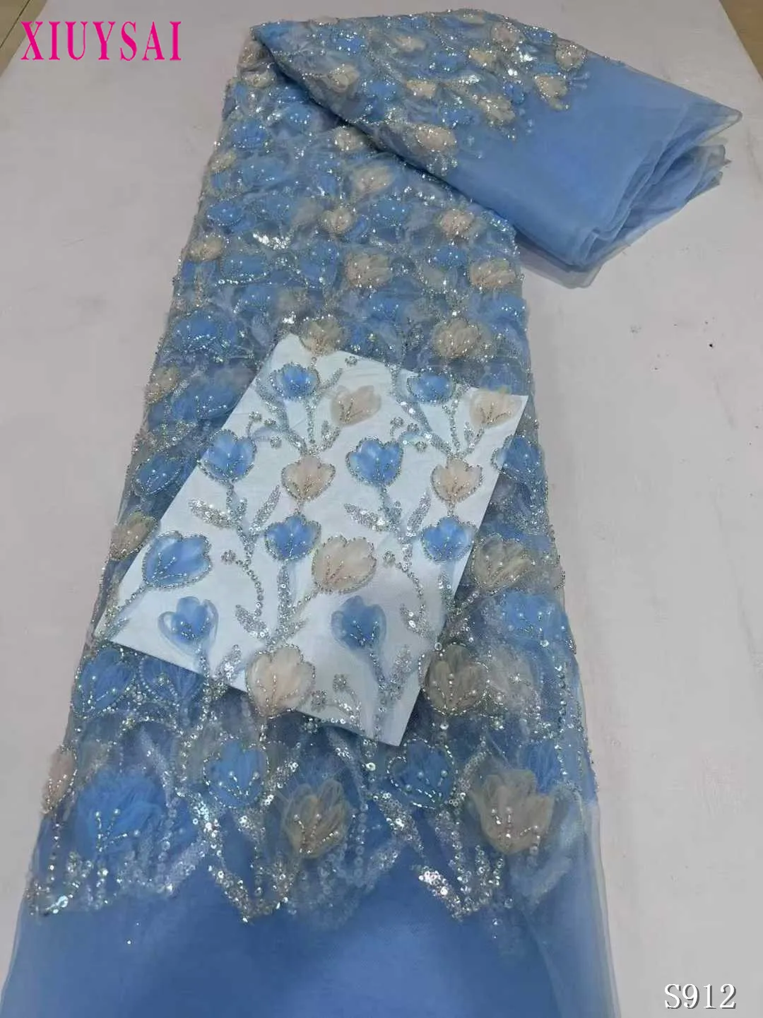 

Модная французская сетчатая кружевная ткань с 3D цветами, вышивкой бисером и блестками для свадебных платьев в африканском нигерийском стиле