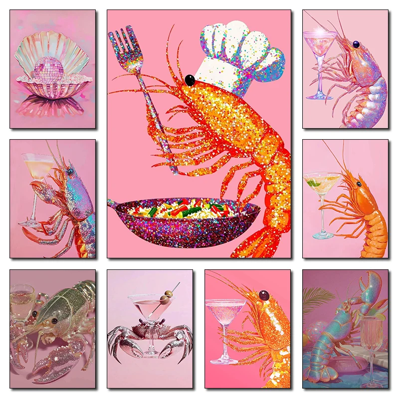 Sparkling Shrimp Shell Crab Martini Cocktail Pink Disco Seafood Poster Canvas Print Bar Fashion Restaurant Kitchen Wall Decor