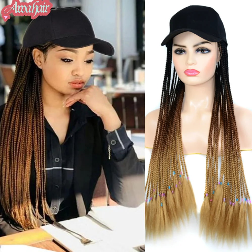 

Awahair Braided Baseball Cap Wig Box Braid Hair Extensions with Hat Ombre Color Synthetic Hair Cap Wig