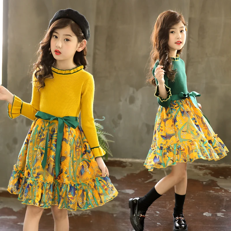 Girls Dress Floral Pattern Girls Knitted Dress Casual Patchwork Children Party Dress Winter Kids Girl Clothes 4 5 7 9 11 13 Year