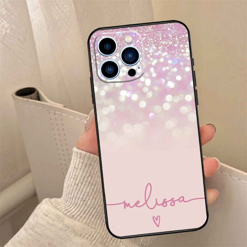 Personalised initials name pink shiny Back Case For iPhone 16 15 14 13 11 12 Pro Max Mini XS X XR 7 8 Plus Phone Cover