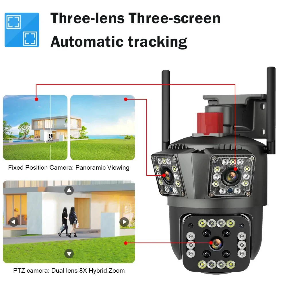 6K 12MP WIFI IP Outdoor Camera Motion Detect 4K 8MP PTZ Video Camera Three Lens Three Screen Waterproof Security CCTV Auto Track