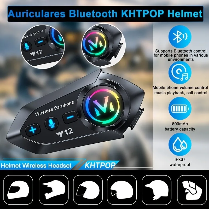 Y12 دراجة نارية خوذة سماعة ستيريو التحكم الصوتي بلوتوث سماعة الأيدي الحرة دعوة IP6 مقاوم للماء مع ضوء RGB